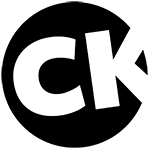 Rundes Logo, CK in weißen Buchstaben auf schwarzem Grund